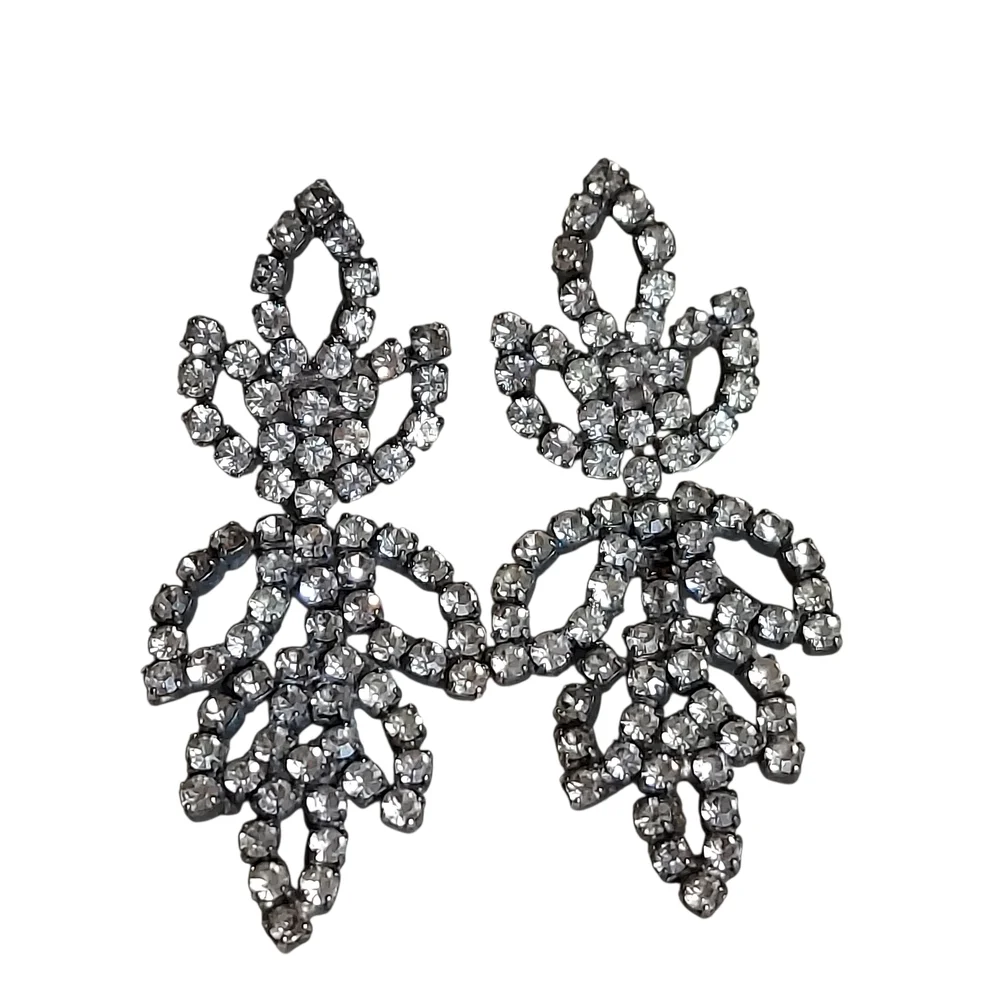 Vintage Rhinestone Crystal Leaf Earrings Pierced Evening Formal